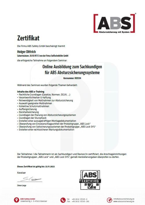 Zertifikat Ausbildung zum Sachkundigen für ABS Absturzsicherungssysteme 2 - SeilTechnik Ulm